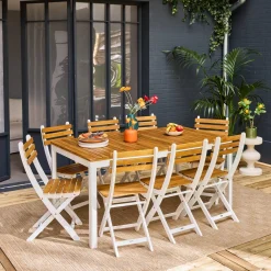 Acacia tuintafel met ronde hoeken, 8 stoelen