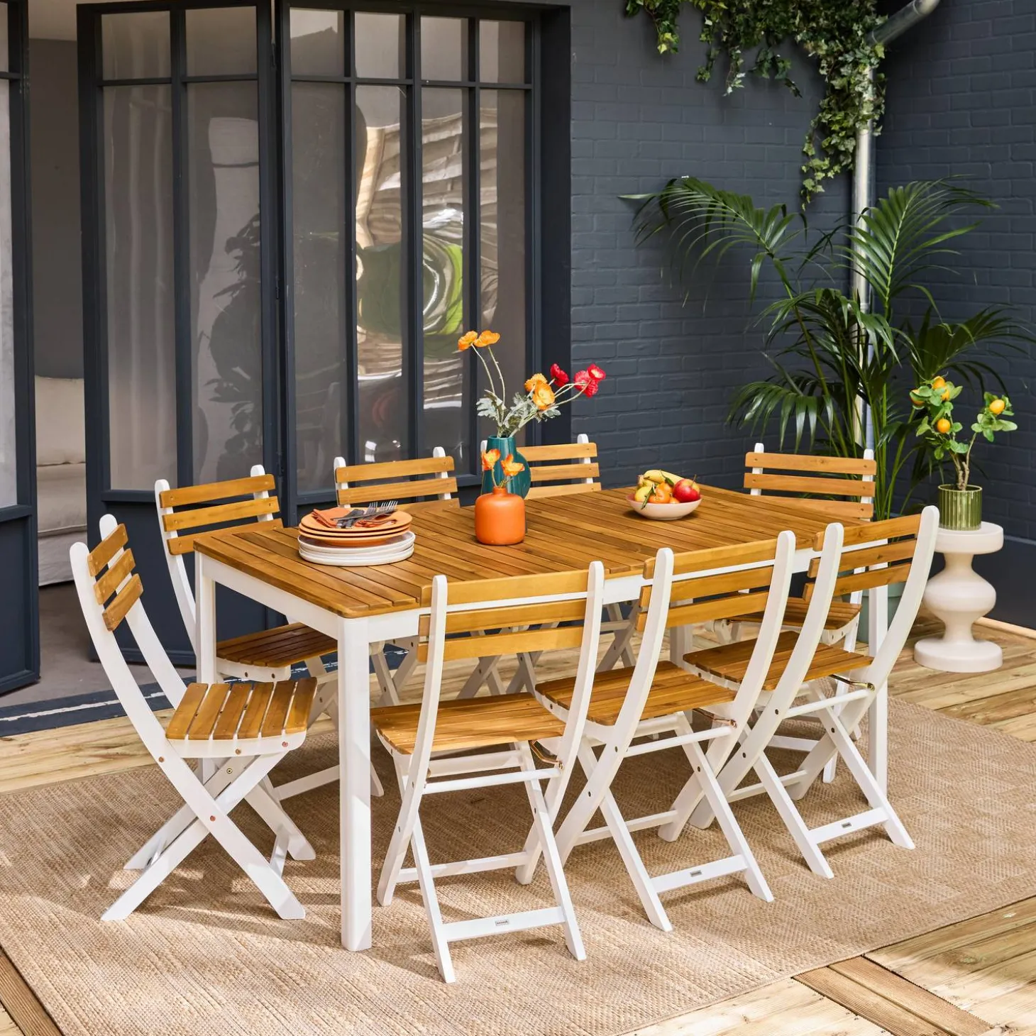 Acacia tuintafel met ronde hoeken, 8 stoelen