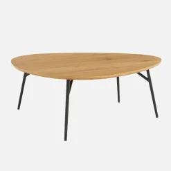 Afgeronde driehoekige salontafel eikeneffect met zwarte metalen poten