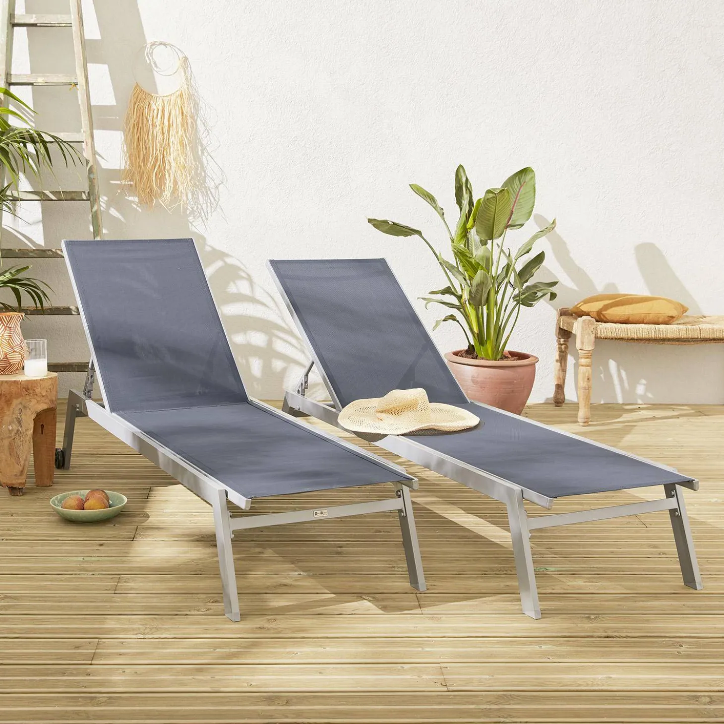 Aluminium ligstoelen, meerdere standen, met wieltjes (set van 2)