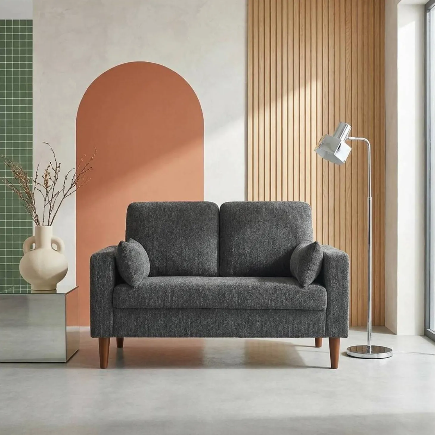 Bank 2-zits rubberhout en chenille stof