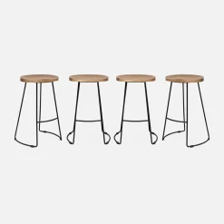 Barkruk, mangohout en staal, voetsteun, 65cm (set van 4)