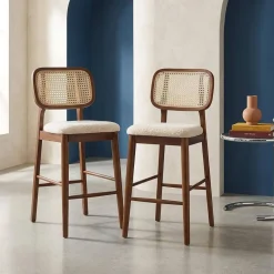 Barkruk van walnootkleurig hout bouclé en rotan 66,5 cm (set van 2)