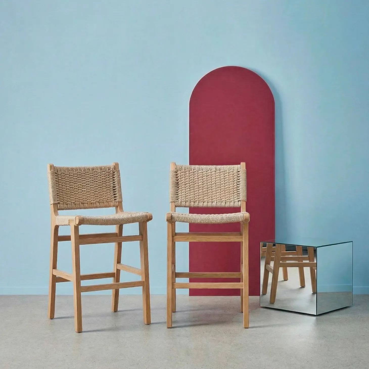 Barstoelen van rubberhout en zitting met gevlochten touw (set van 2)
