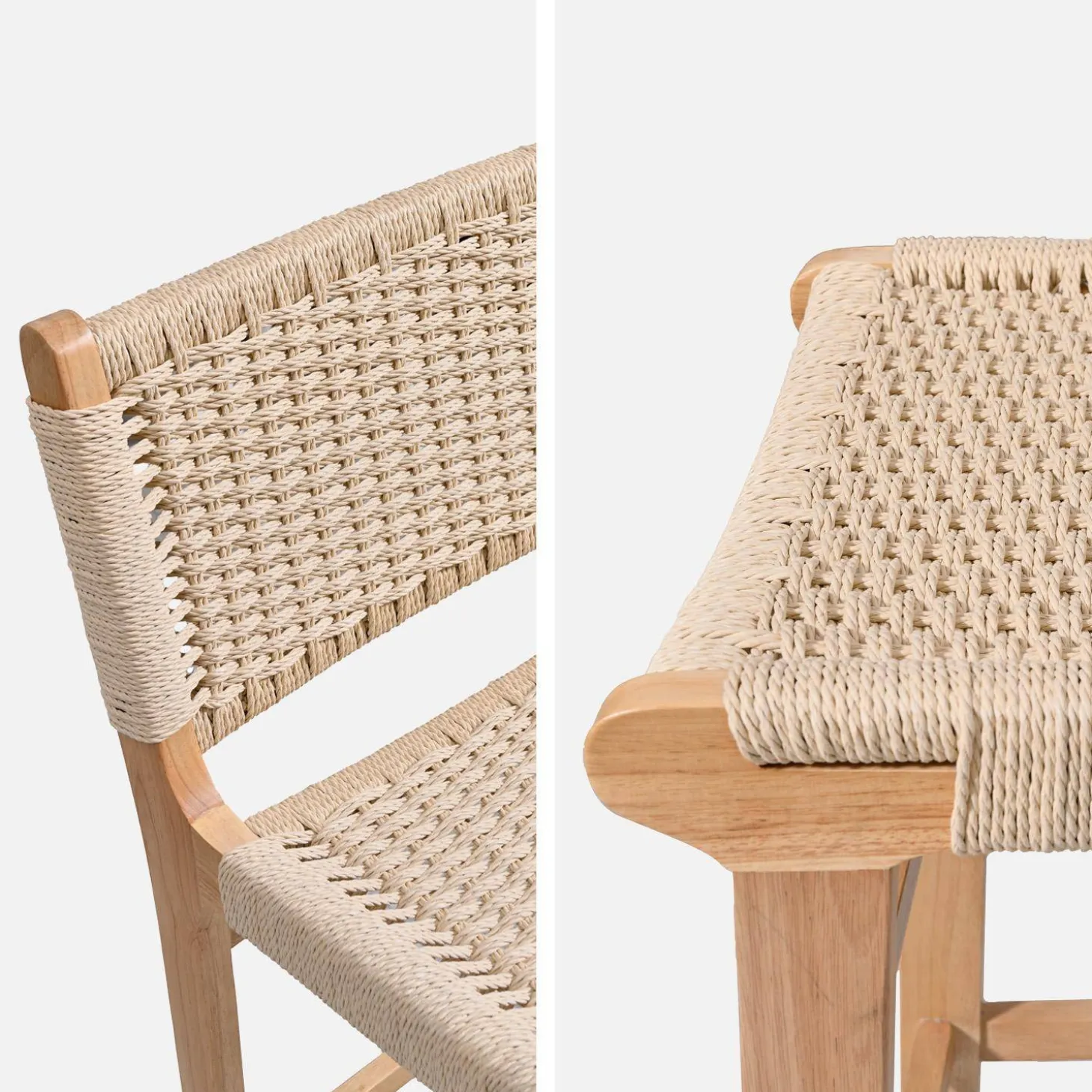 Barstoelen van rubberhout en zitting met gevlochten touw (set van 2)