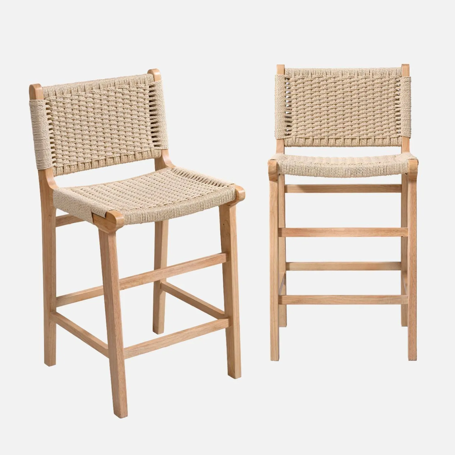 Barstoelen van rubberhout en zitting met gevlochten touw (set van 2)