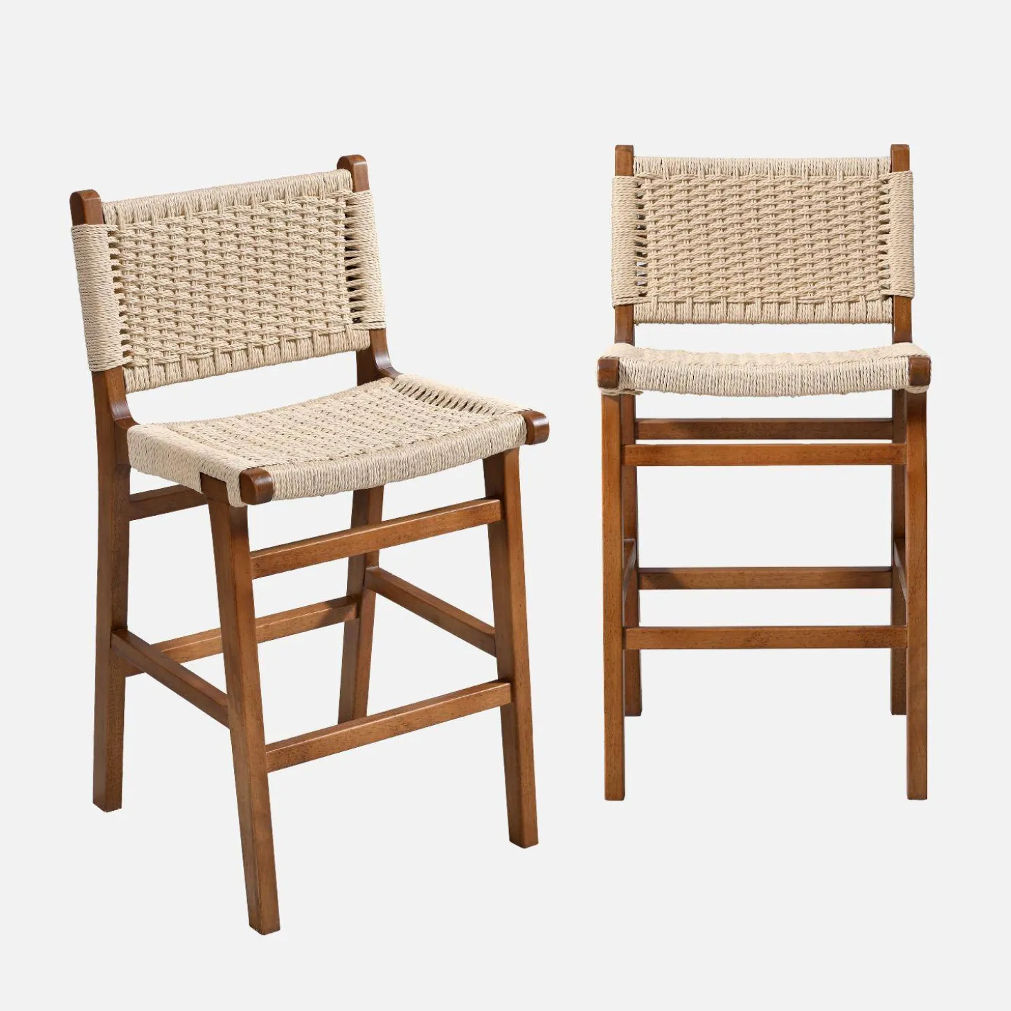 Barstoelen van rubberhout en zitting met gevlochten touw (set van 2)