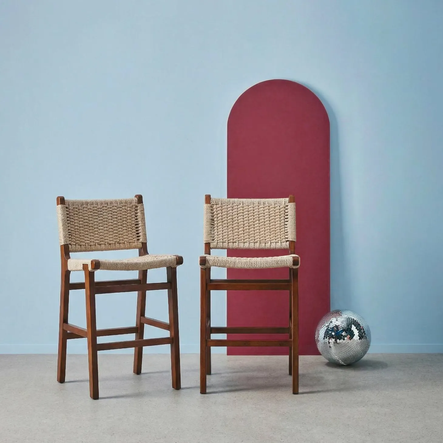 Barstoelen van rubberhout en zitting met gevlochten touw (set van 2)