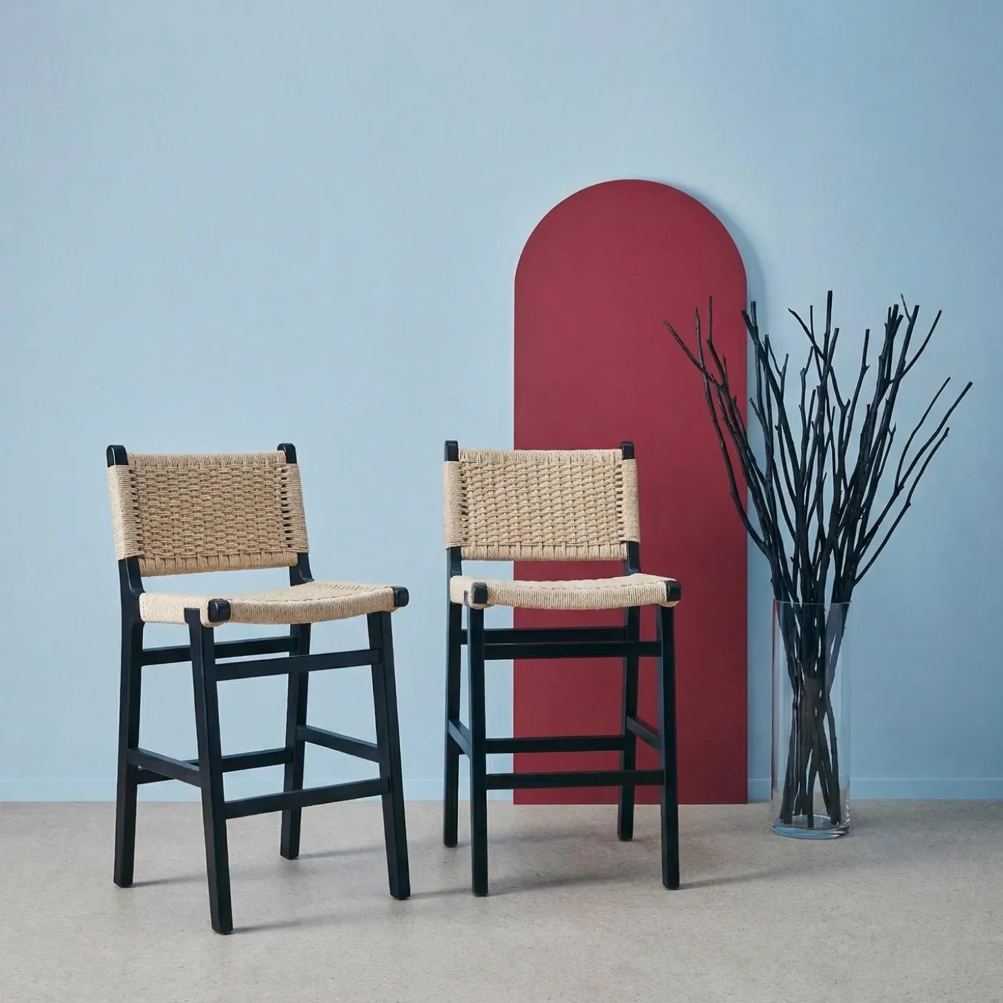 Barstoelen van rubberhout en zitting met gevlochten touw (set van 2)