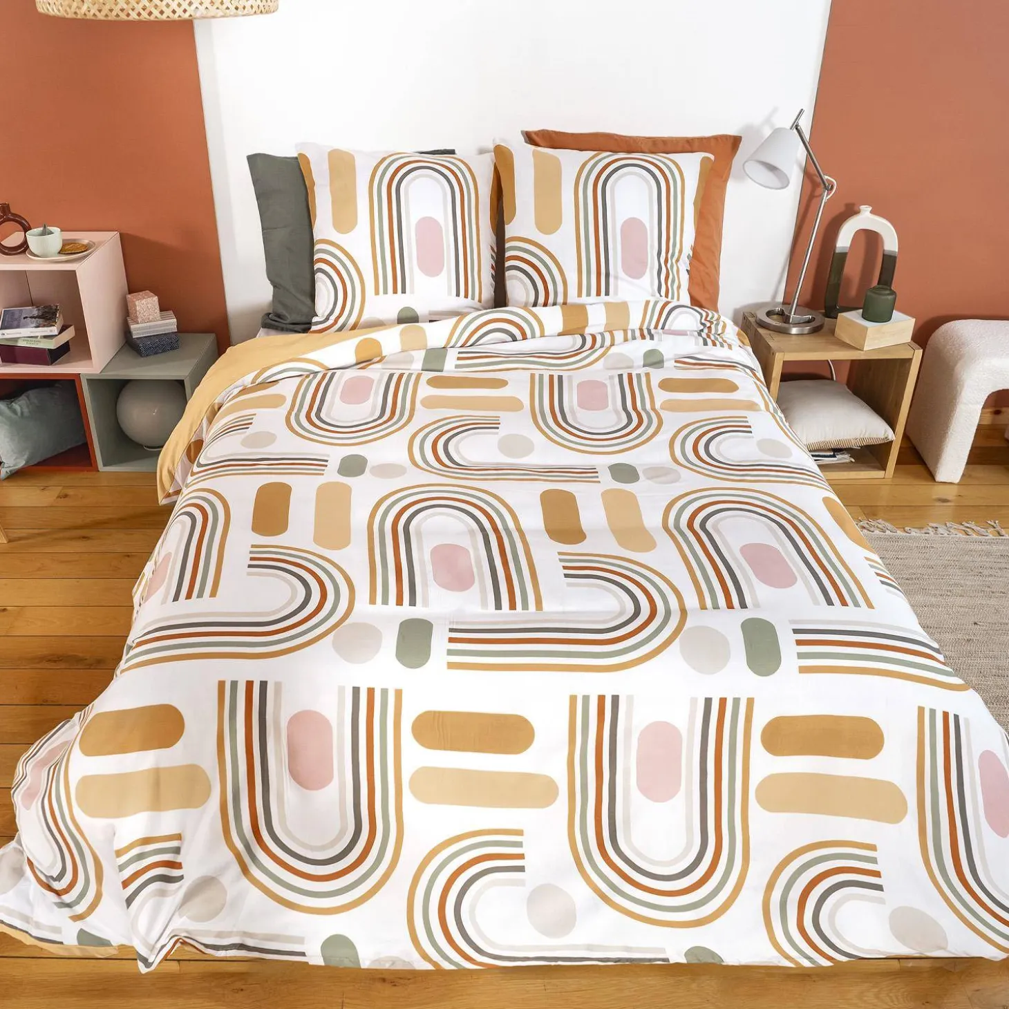 Beddengoed microvezel oranje en print omkeerbaar