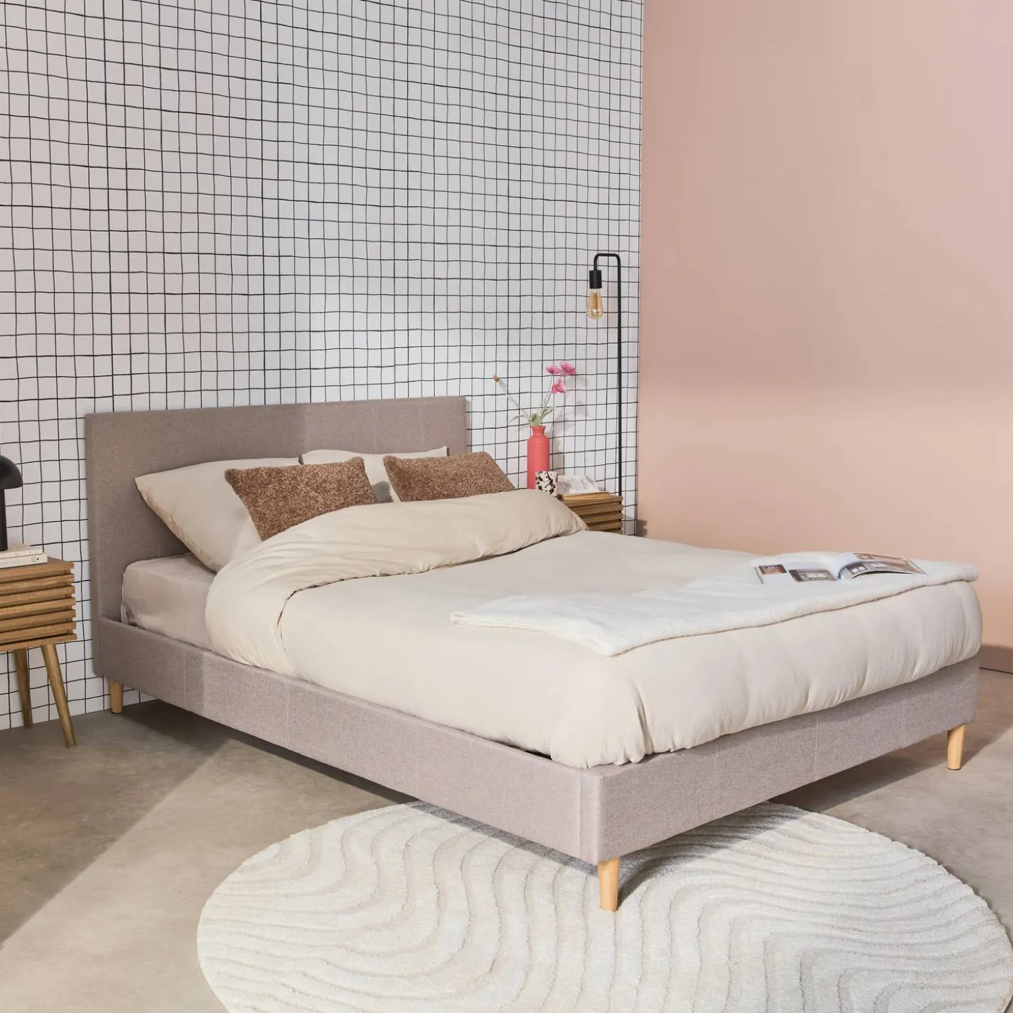 Bed met lattenbodem en hoofdeinde, stoffen afwerking