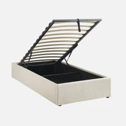 Bed met lattenbodem en hoofdeinde, bouclé afwerking, wit