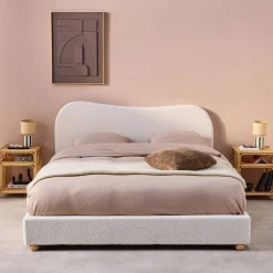 Bed met lattenbodem en hoofdeinde, wit met bouclé afwerking