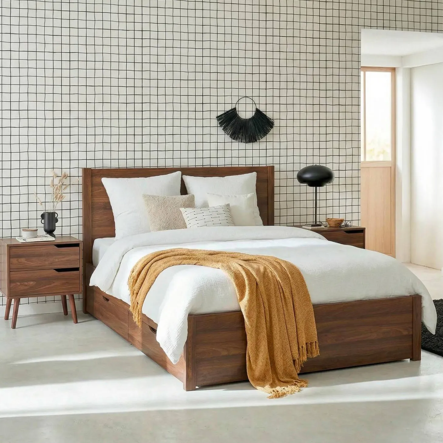 Bed 160 x 200cm met 4 lades lattenbodem en hoofdbord houtdecor