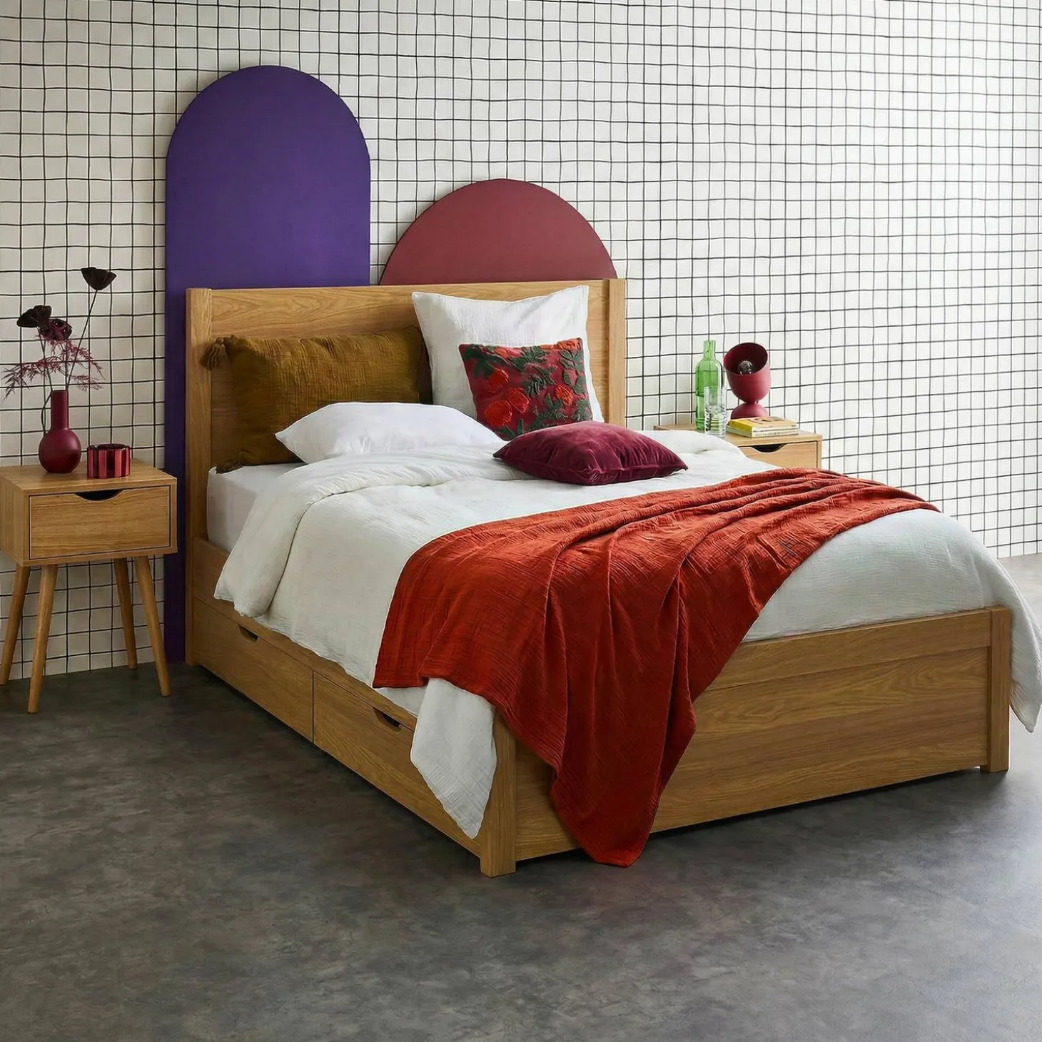 Bed 140x190cm met lattenbodem hoofdbord en 4 laden houtdecor