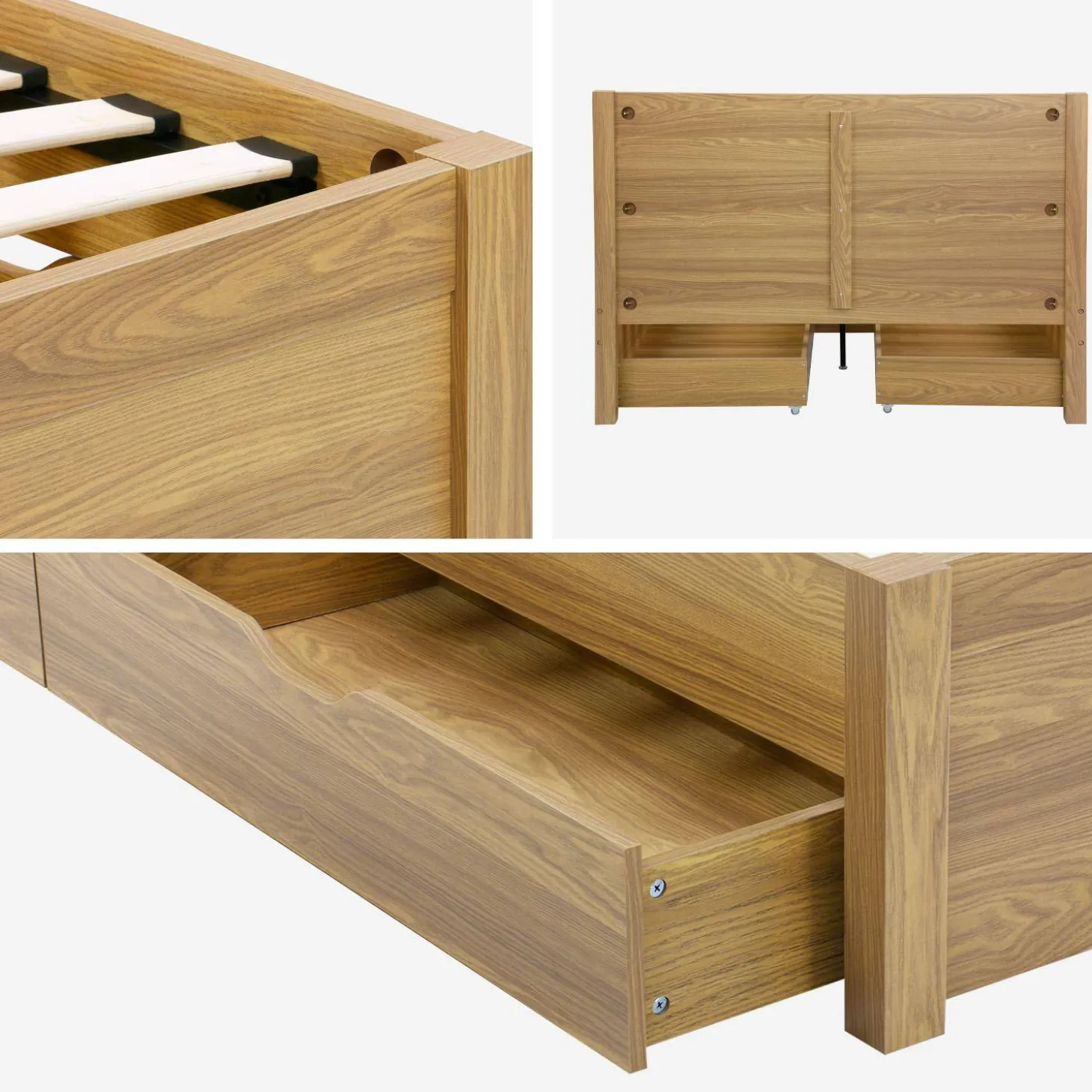 Bed 140x190cm met lattenbodem hoofdbord en 4 laden houtdecor