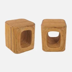 Bijzettafel, nachtkastje met vak, natuurlijk rotan (Set van 2)