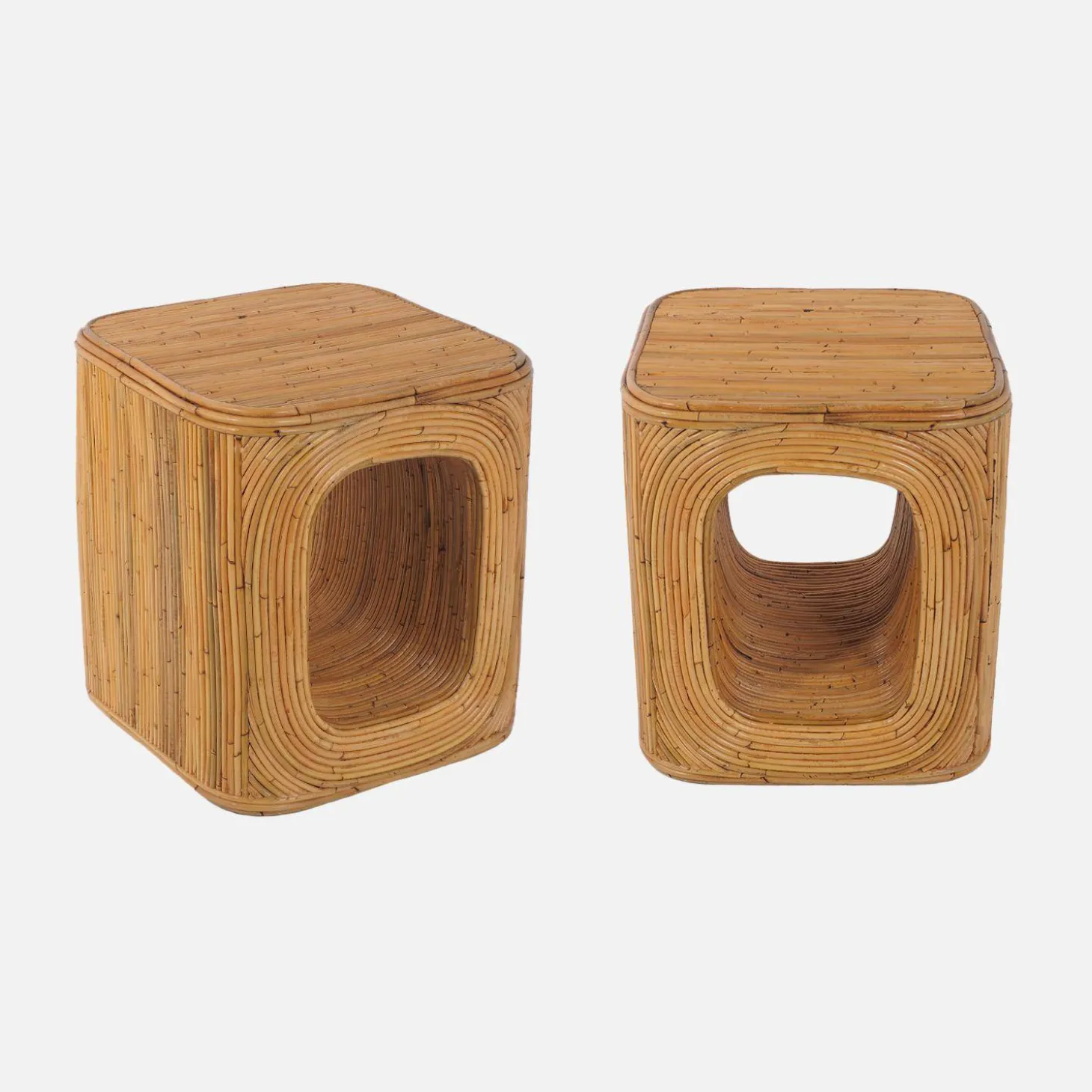 Bijzettafel, nachtkastje met vak, natuurlijk rotan (Set van 2)