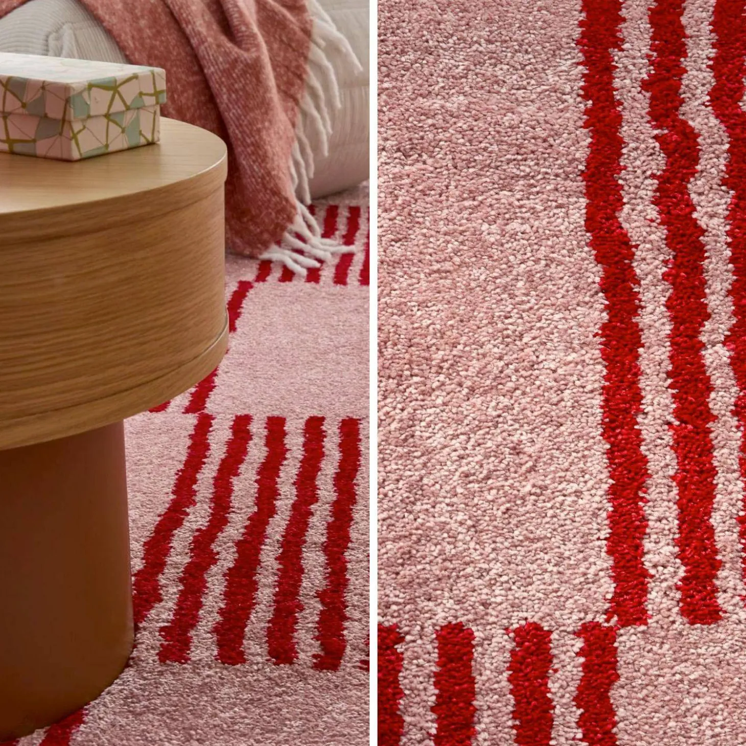 Binnen tapijt rood en roze dambordpatroon
