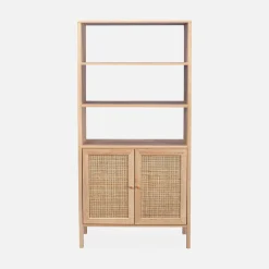 Boekenkast met 2 deuren en open planken houtdecor en rotan 80cm