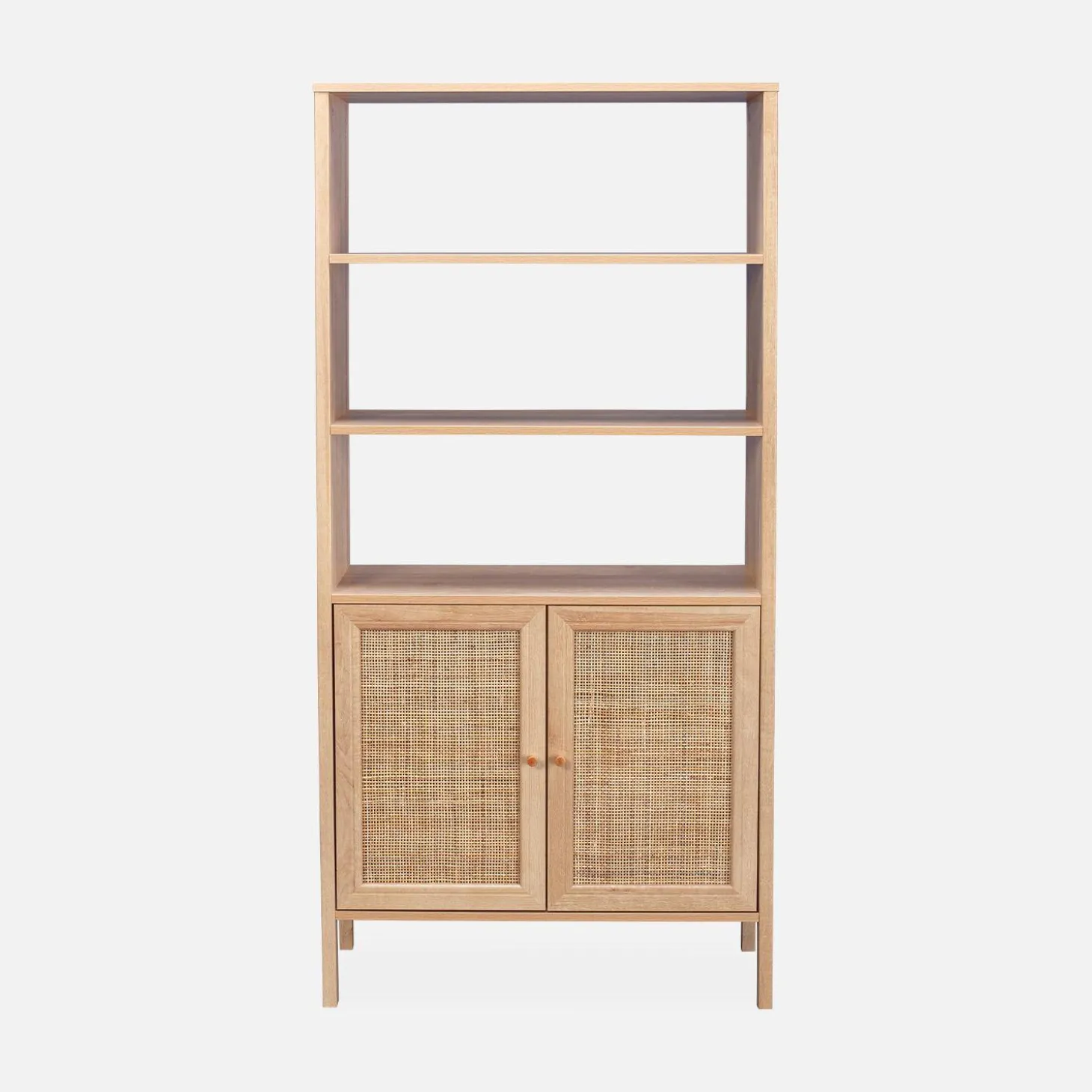 Boekenkast met 2 deuren en open planken houtdecor en rotan 80cm