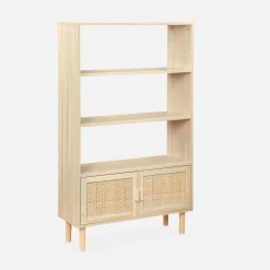 Boekenkast met 2 deurtjes en open planken rotan en houteffect 80cm