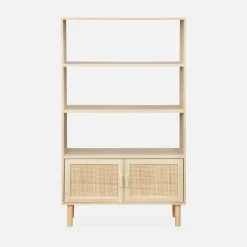 Boekenkast met 2 deurtjes en open planken rotan en houteffect 80cm
