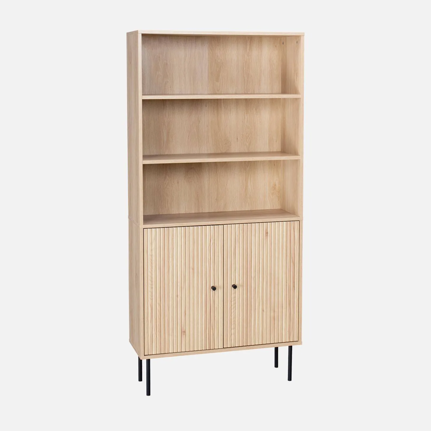Boekenkast met 2 deurtjes en planken gegroefd houtdecor 80cm