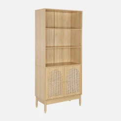 Boekenplank houteffect en rotan 4 niveaus 2 deuren