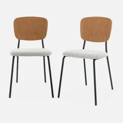 Bouclé zitting en houten rugleuning stoelen (set van 2)