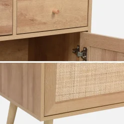Buffetkast met 4 deuren 3 lades 1 open vak houtdecor en rotan 110cm