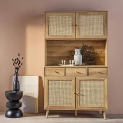 Buffetkast met 4 deuren 3 lades 1 open vak houtdecor en rotan 110cm