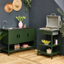 Buitenkeuken 2 modules met houtskoolbarbecue en gootsteen staal