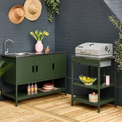 Buitenkeuken 2 modules met houtskoolbarbecue en gootsteen staal