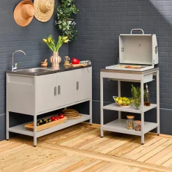 Buitenkeuken 2 modules met houtskoolbarbecue en gootsteen staal