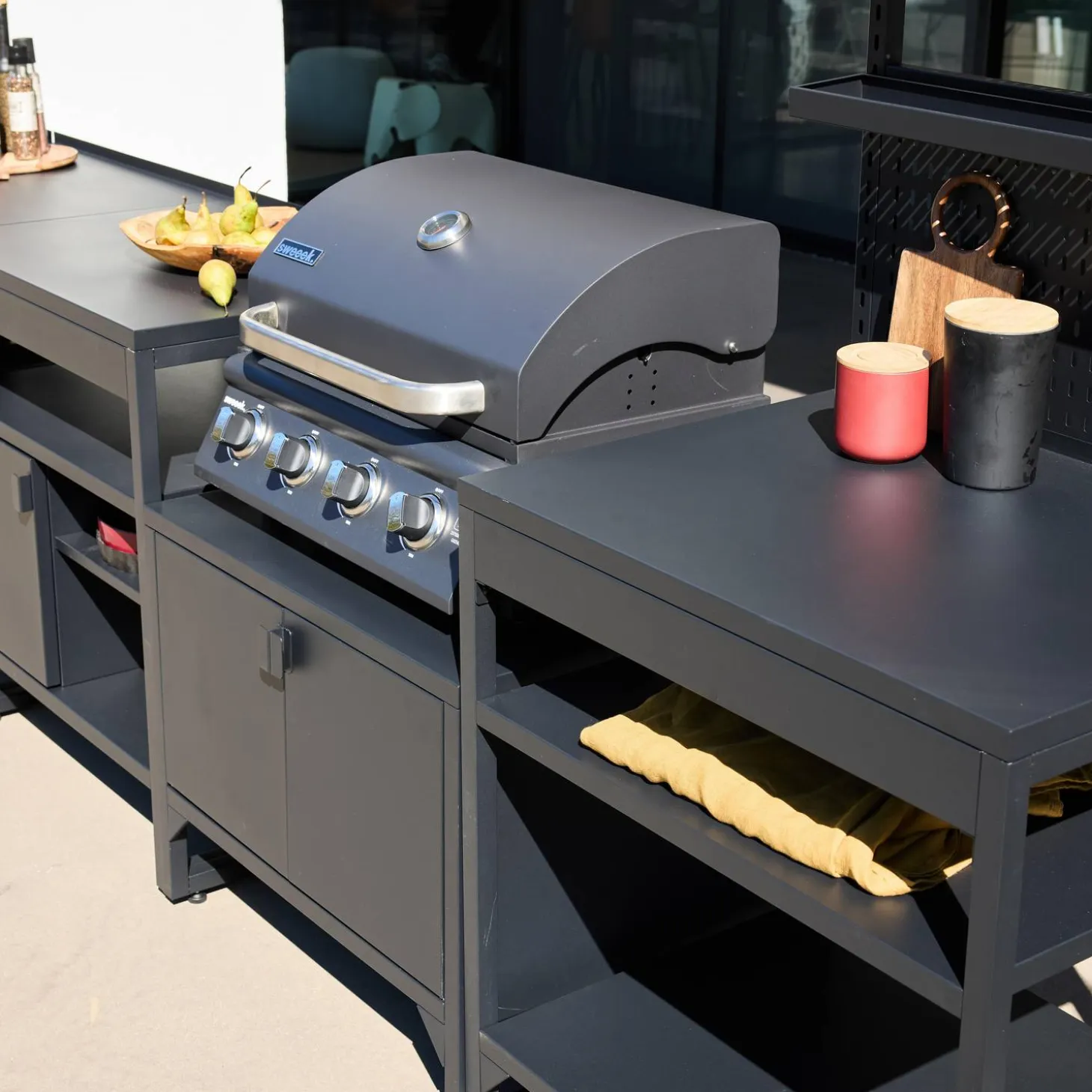 Buitenkeuken 6 modules roestvrij staal met gasbarbecue 4 branders