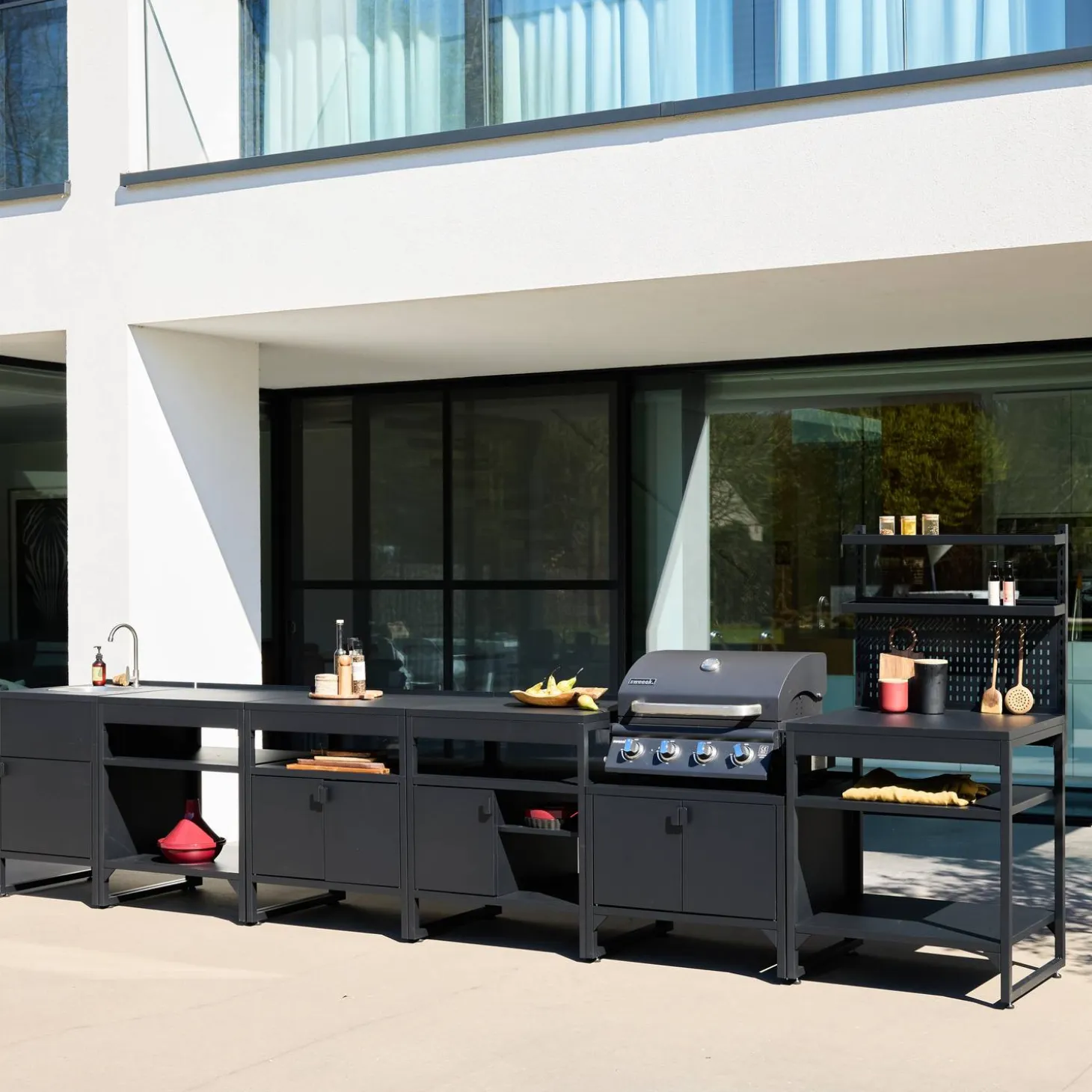Buitenkeuken 6 modules roestvrij staal met gasbarbecue 4 branders