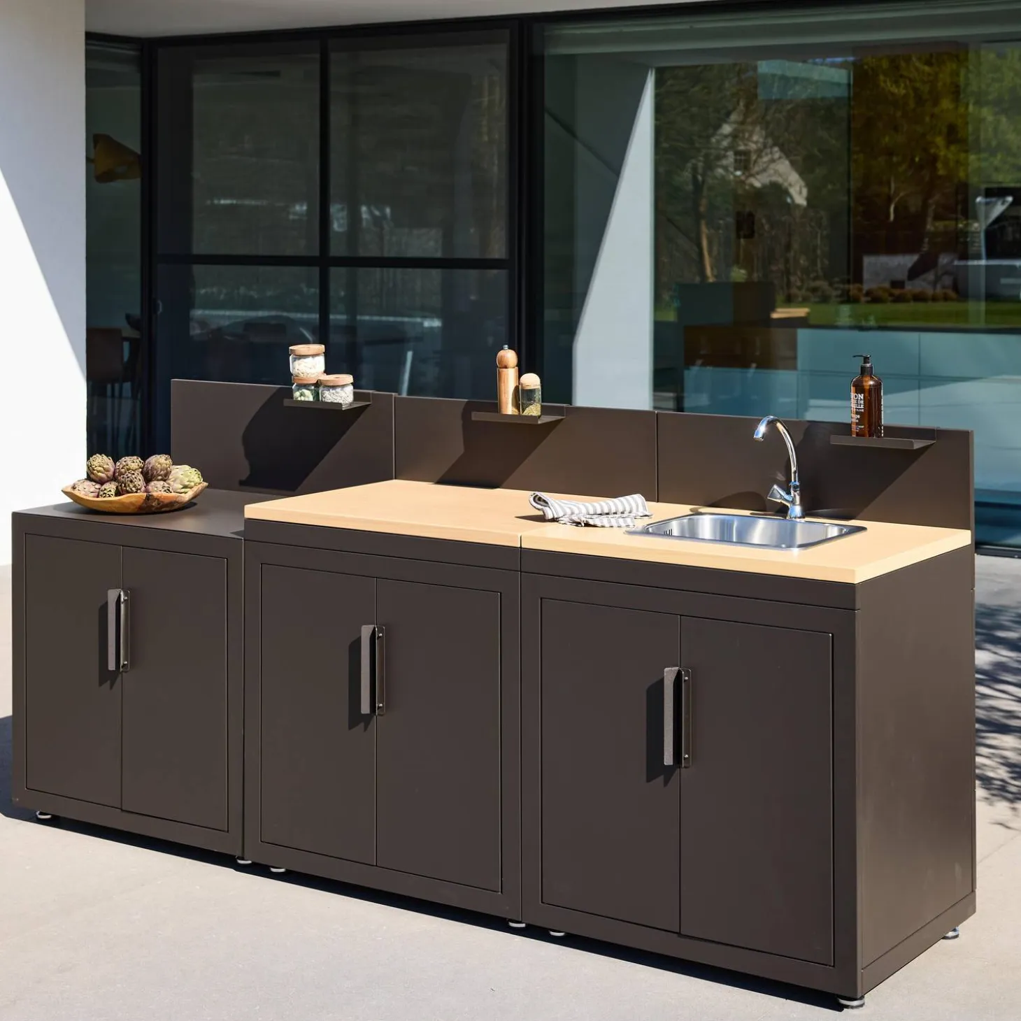 Buitenkeuken 3 modules staal en houtdecor