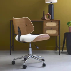 Bureaustoel met wielen, gebogen hout en kunstleren afwerking