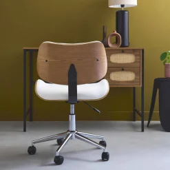 Bureaustoel met wielen, gebogen hout en kunstleren afwerking