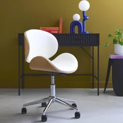 Bureaustoel met wielen, gebogen hout en kunstlederen afwerking