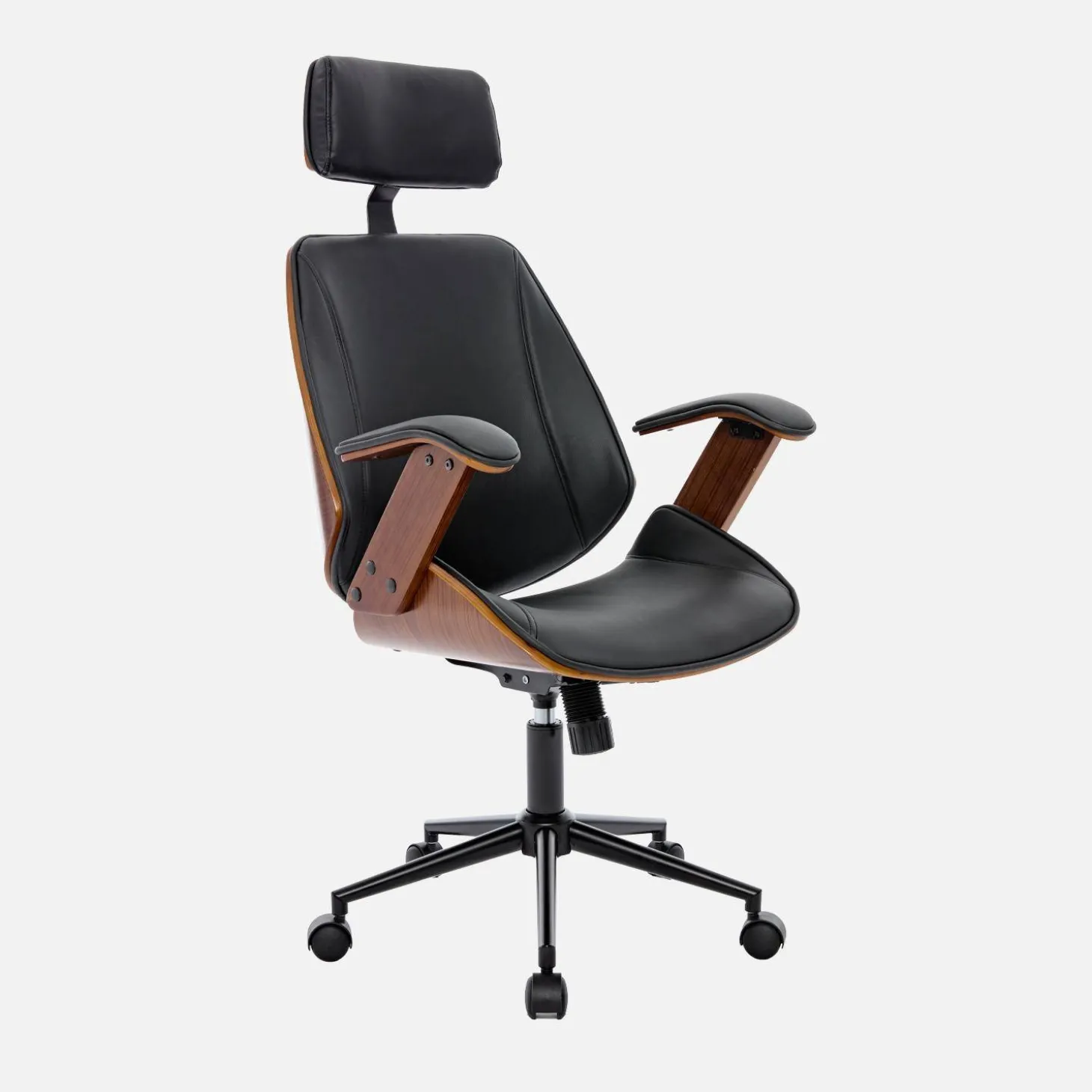 Bureaustoel met wielen, gebogen hout en kunstleren afwerking