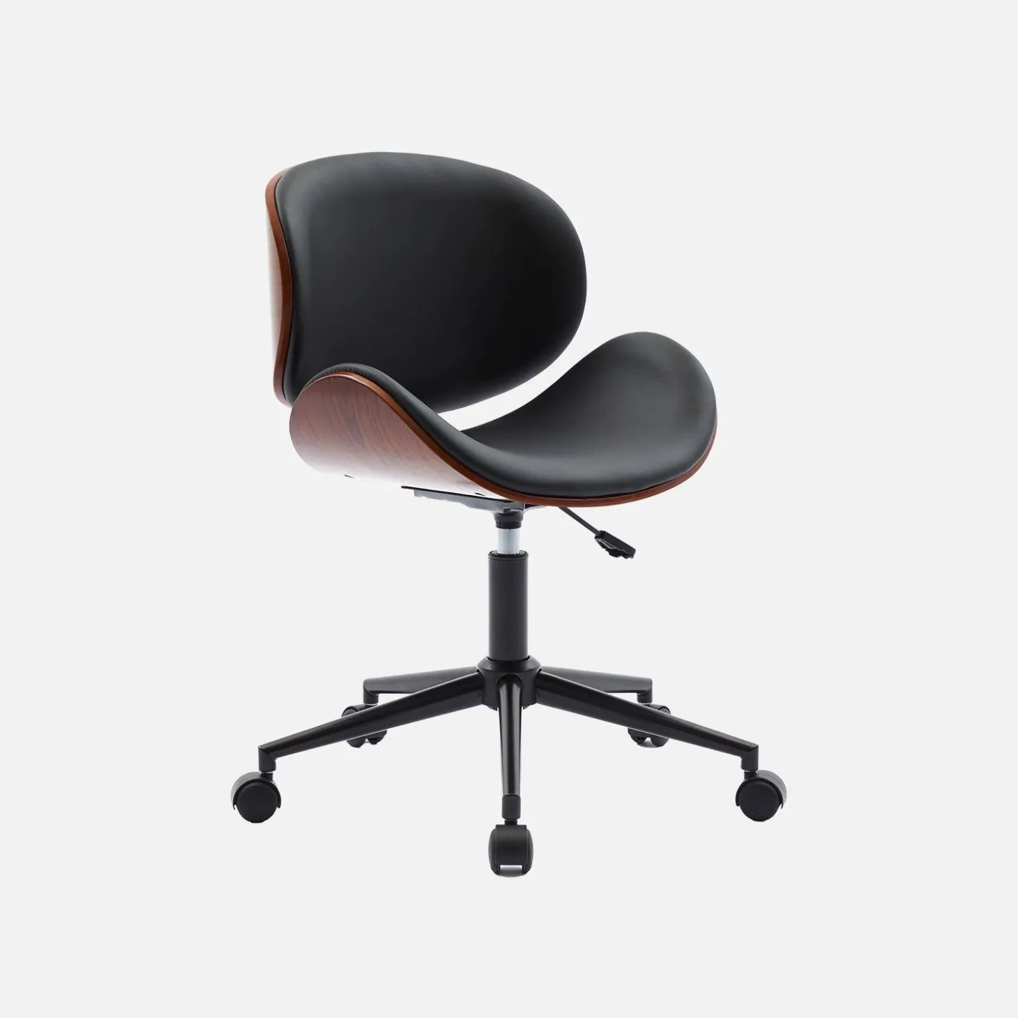 Bureaustoel met wielen, gebogen hout en kunstlederen afwerking