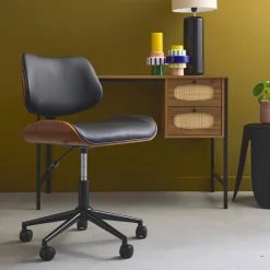 Bureaustoel met wielen, gebogen hout en kunstleren afwerking