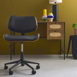 Bureaustoel met wielen, gebogen hout en kunstleren afwerking