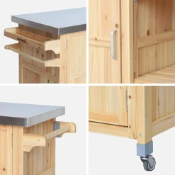 130cm dennenhouten barbecue dressoir met handgrepen, 7 opbergruimtes