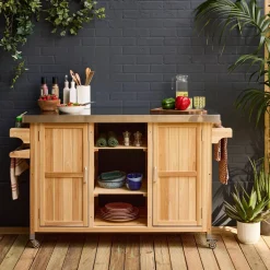 130cm dennenhouten barbecue dressoir met handgrepen, 7 opbergruimtes