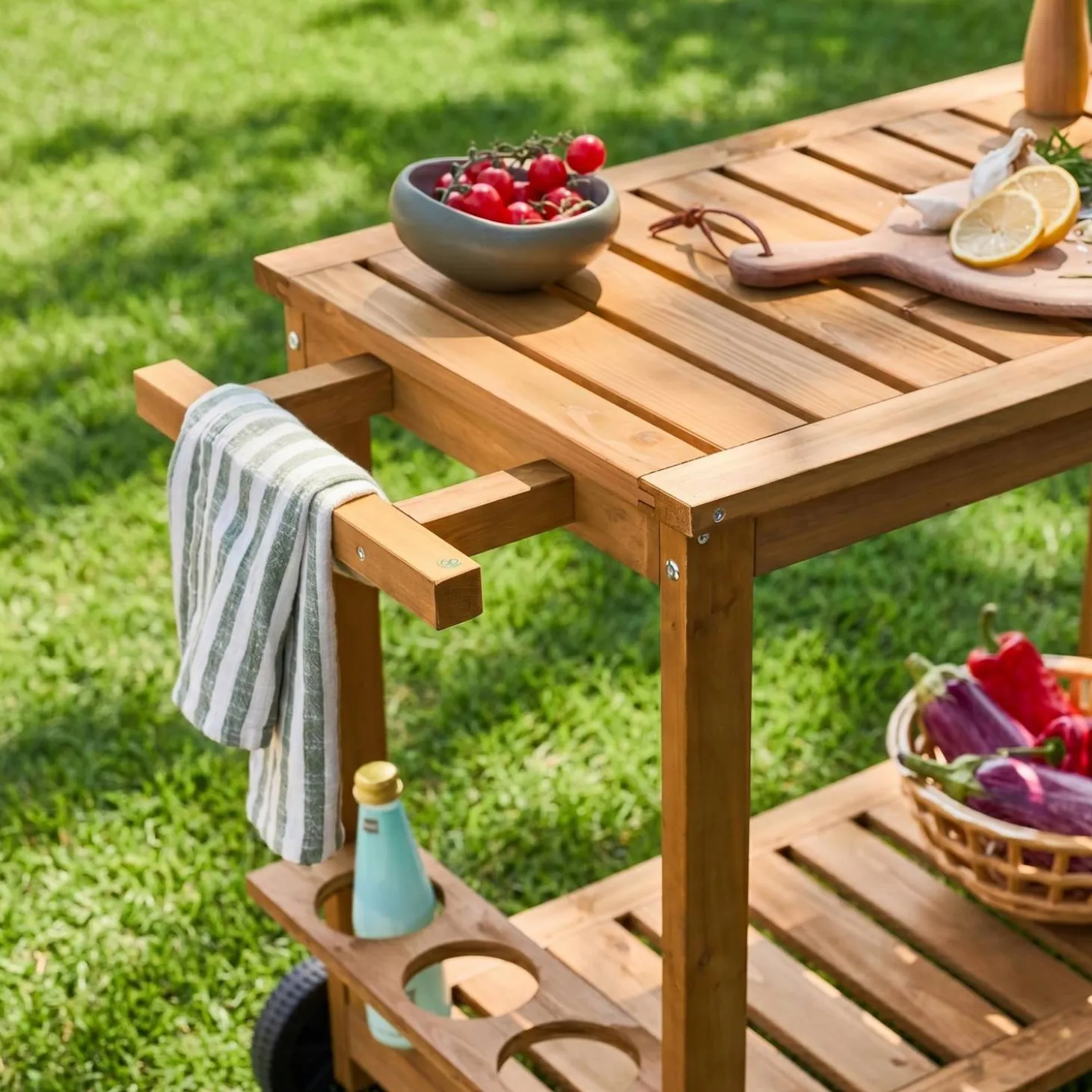 95 cm houten keukentrolley met wielen en handvat