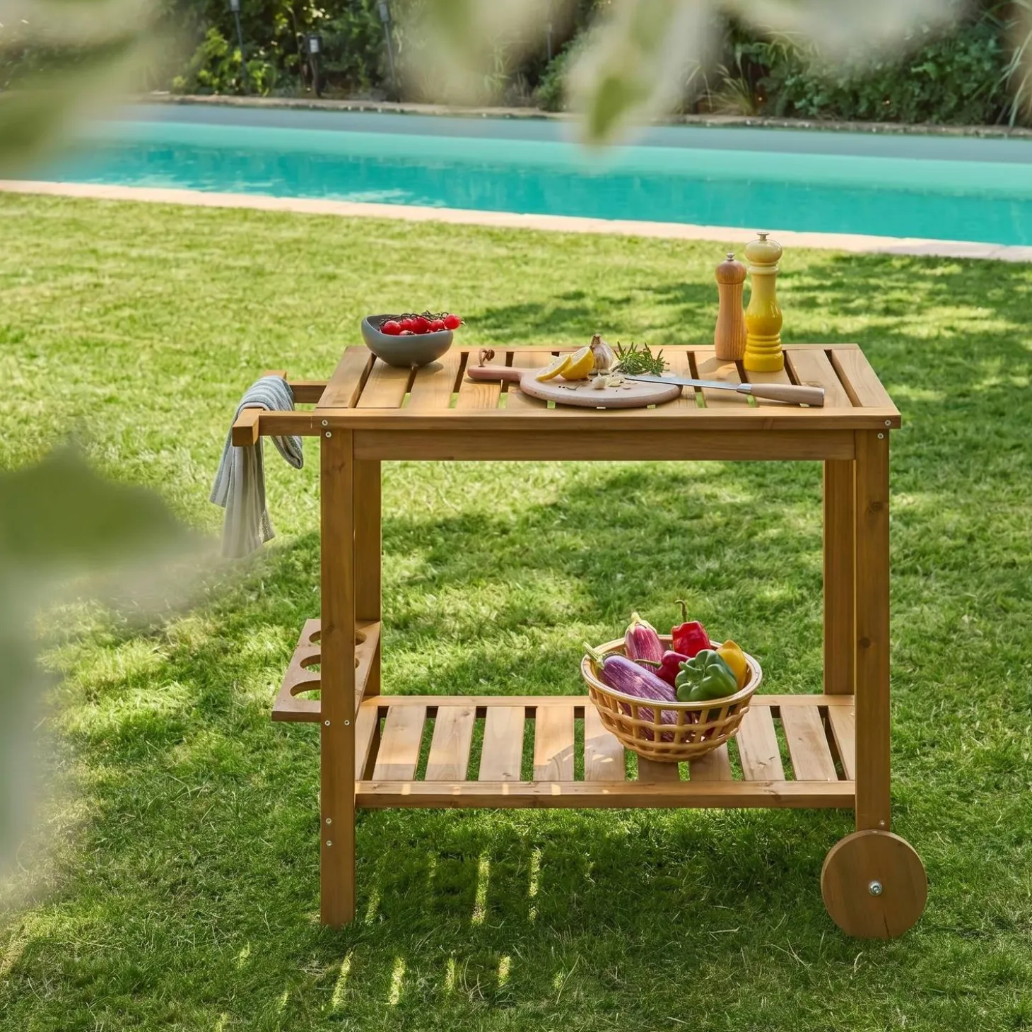 95 cm houten keukentrolley met wielen en handvat