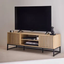 2-deurs TV-meubel in gegroefd hout en zwart metaal L 120